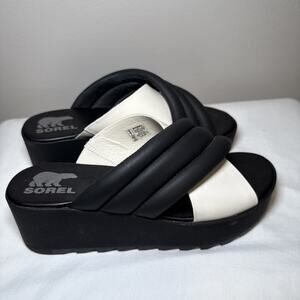 SOREL Women's Size 9 Black White Platform Cameron Wedge Puff Heeled Sandal EUC